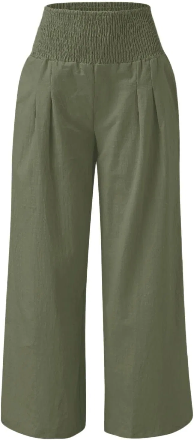 Штаны женские широкие с завязками, хлопок и лен, A02_army Green — фото 3