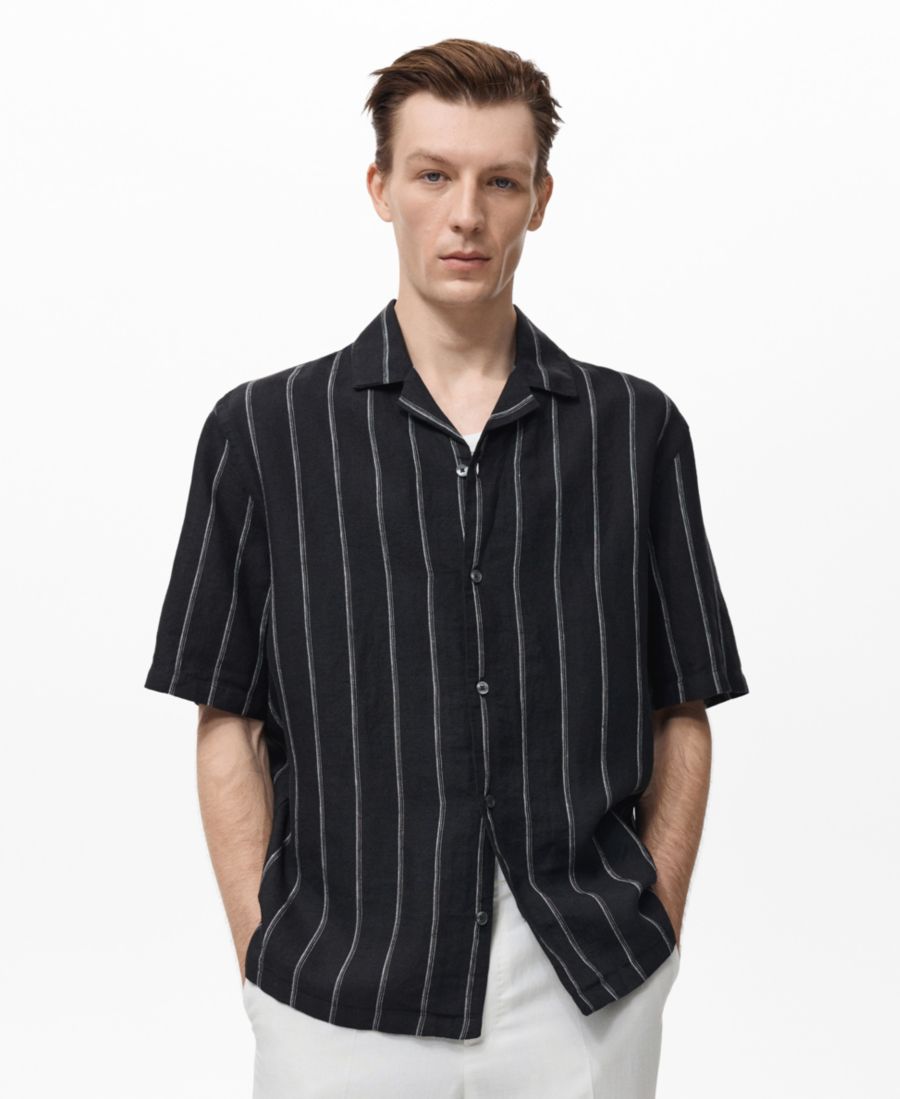 

Мужская льняная рубашка в полоску с коротким рукавом MANGO, Black