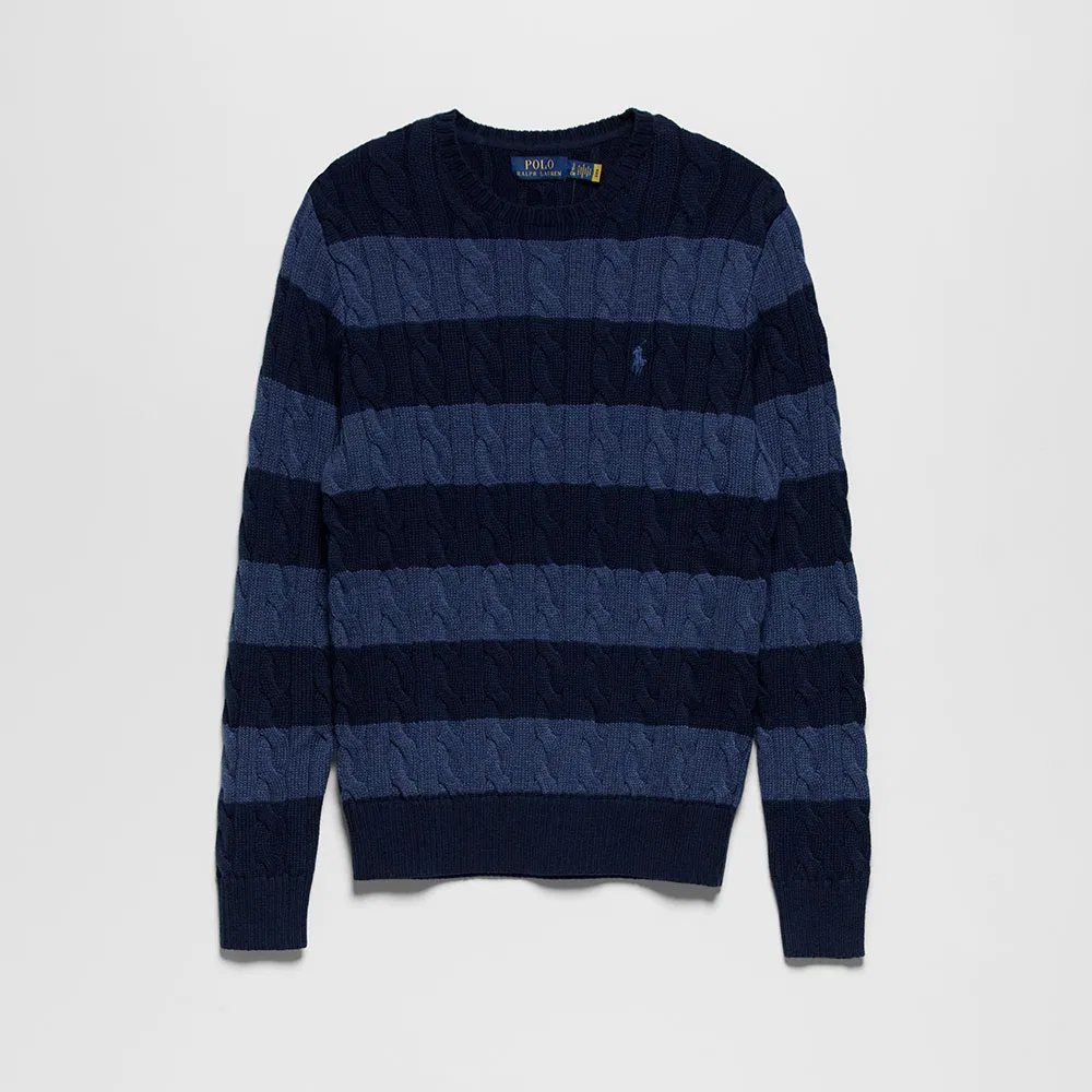 Мужской хлопковый свитер в полоску с узором косичка синего цвета от Polo Ralph Lauren