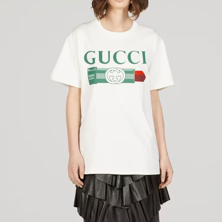 Футболка Gucci Lipstick Print Cotton T-Shirt, с принтом губной помады, белый — фото 3