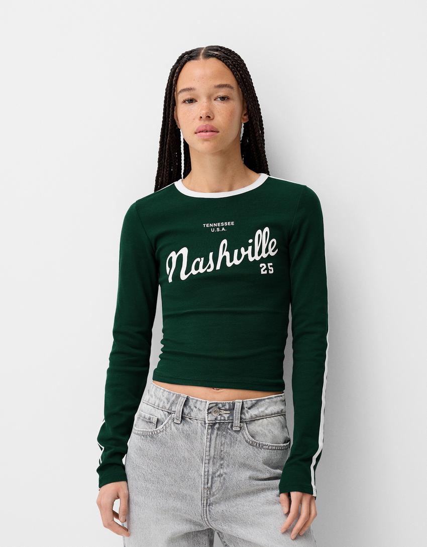 

Футболка с длинным рукавом и принтом Bershka, зеленый