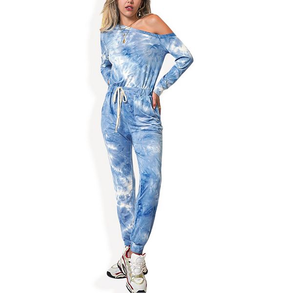 

Женский комбинезон с длинными рукавами, офф-шолдер, тай-дай, с кулиской и штанами в стиле джоггеров Anna-Kaci, Blue