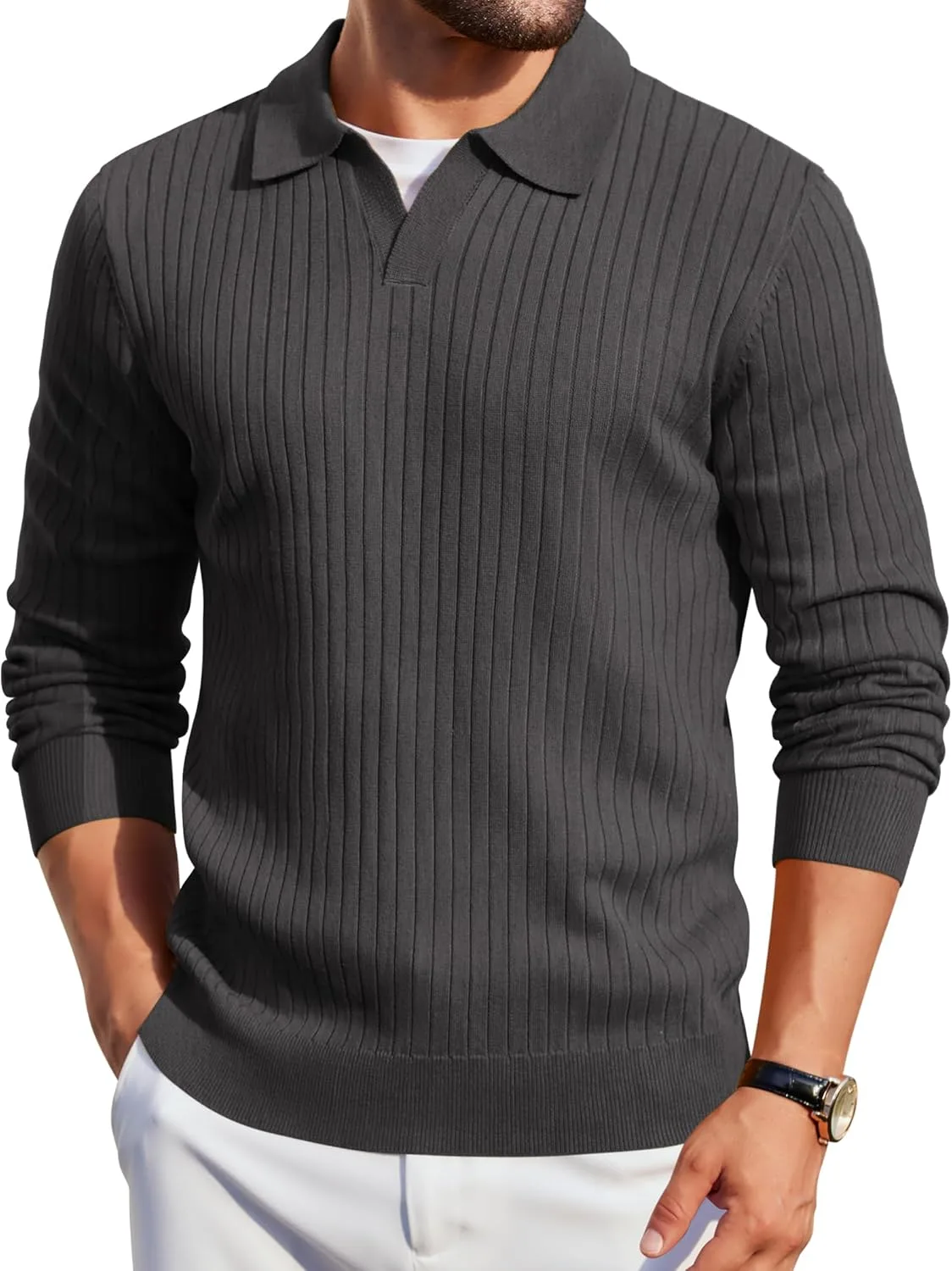 

COOFANDY мужской вязаный поло с длинным рукавом и V-образным вырезом