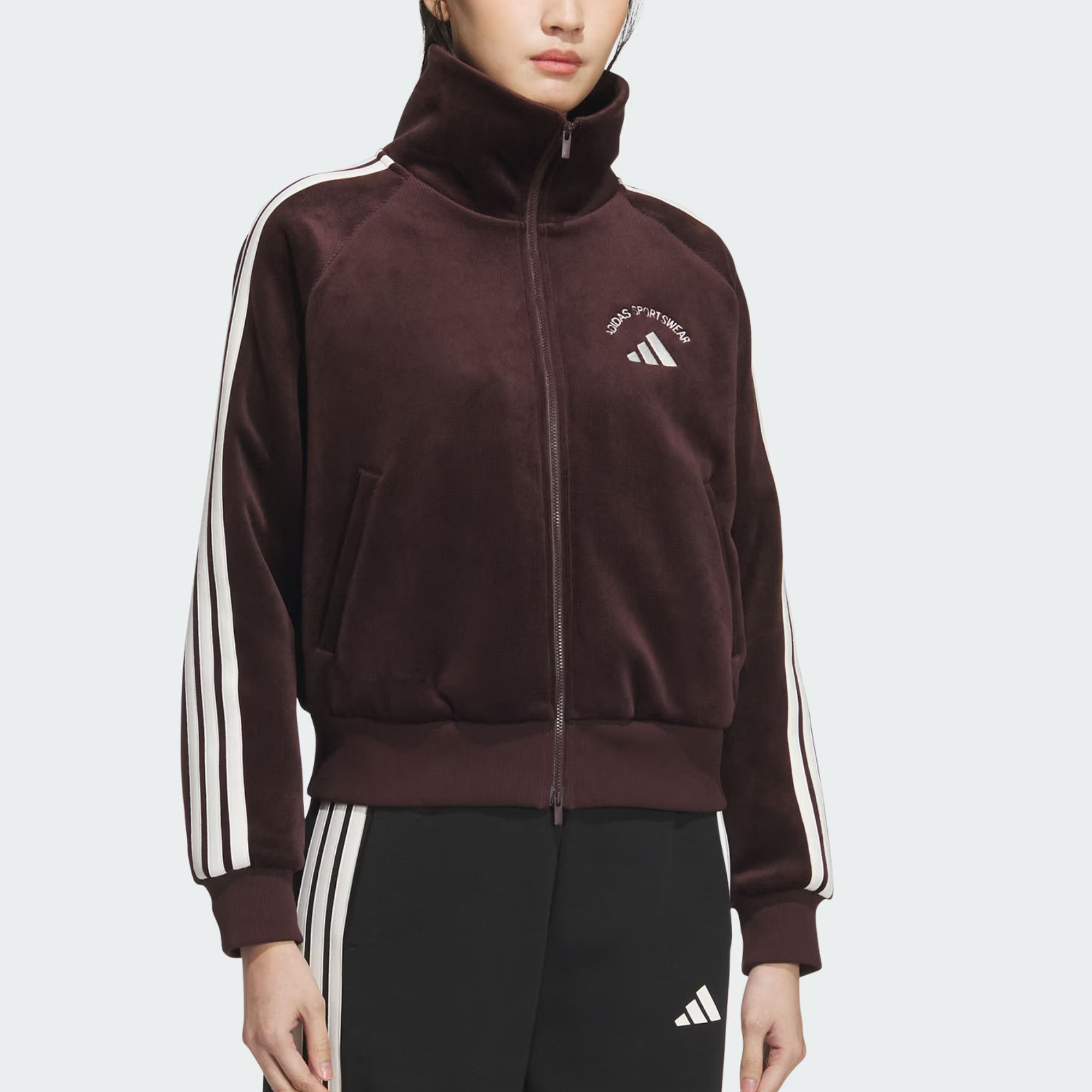 Куртка BONDED FLEECE женская Adidas, темно-коричневый/белый — фото 3