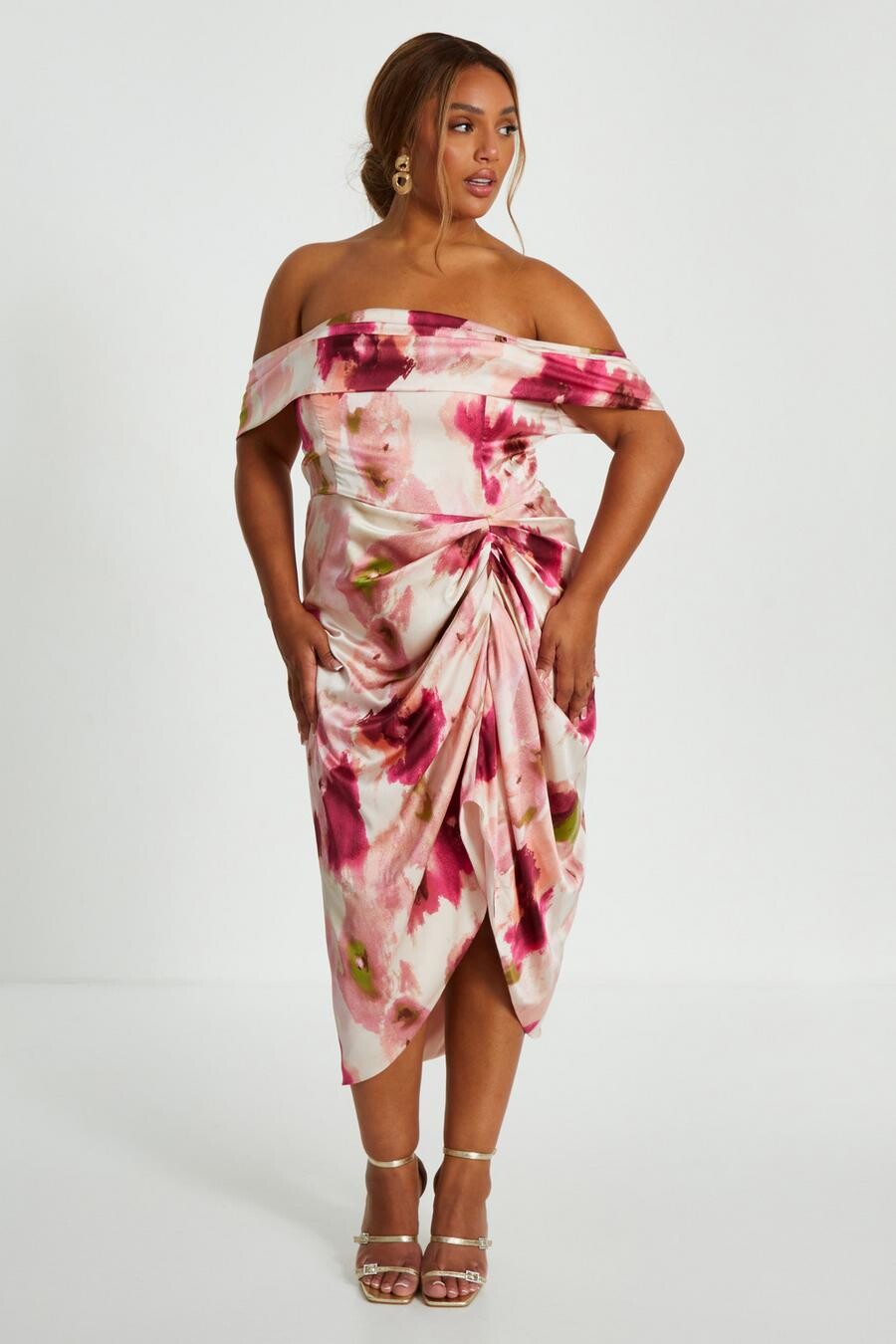

Платье-миди Curve Pink Marble Print Bardot QUIZ Clothing