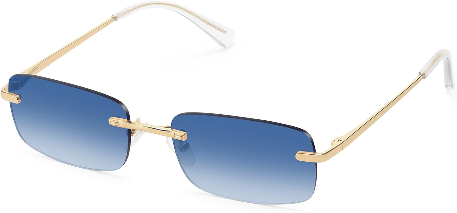 

Ретро-солнцезащитные очки прямоугольной формы без оправы для женщин, модные, узкая, маленькая оправа, пружинный шарнир, защита от УФ-излучения, FZN905 Fozono, Gold Frame/Gradient Blue Lens