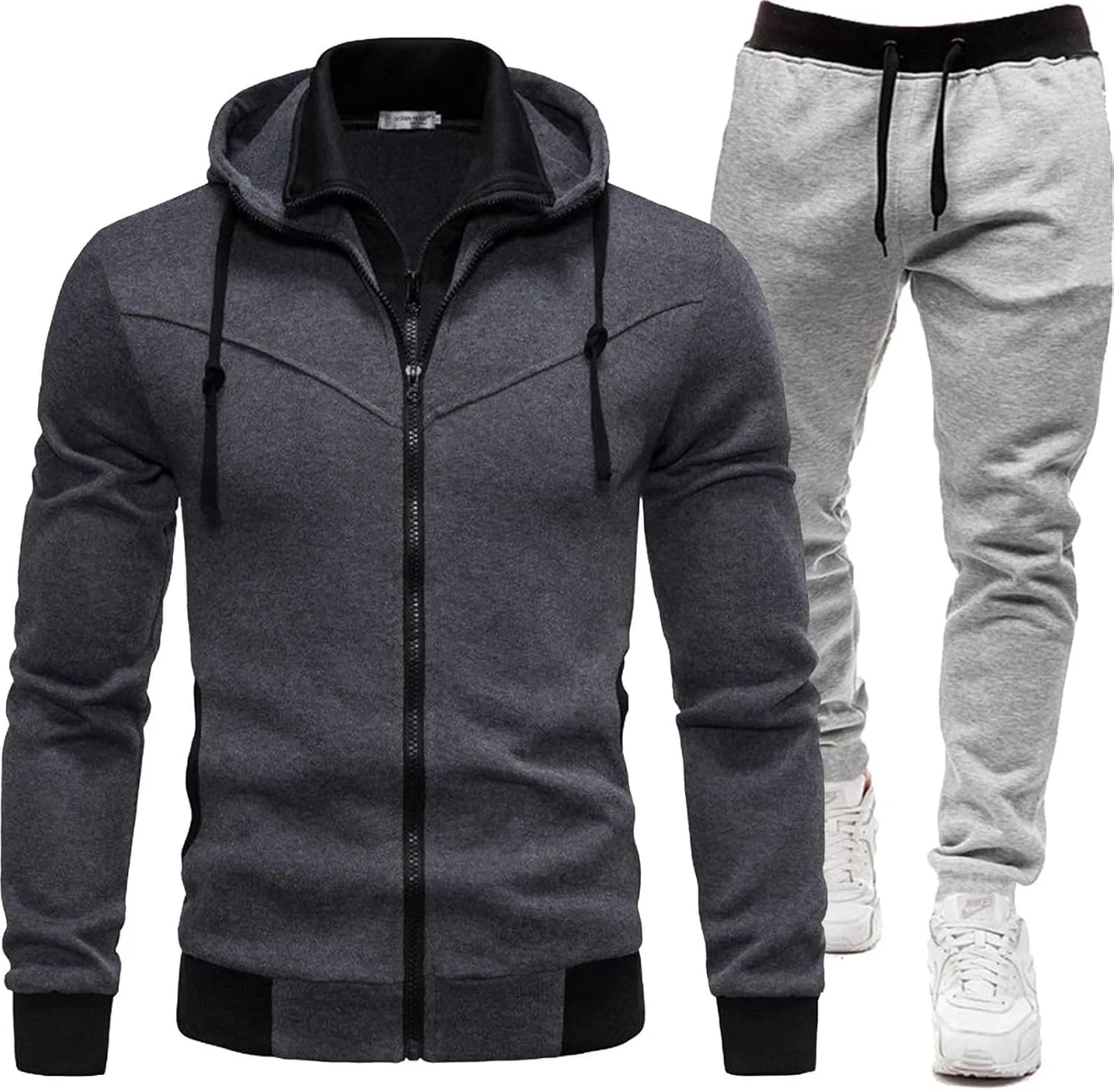 Generic Мужской повседневный комплект из двух предметов, однотонный, спортивный костюм, толстовка, мужской спортивный костюм, мужской комплект одежды из двух предметов, Light Gray/B — фото 4