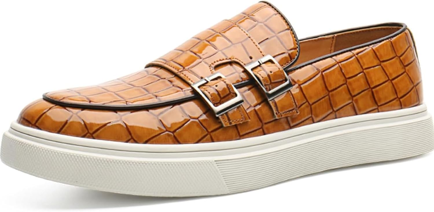 

Мужские лоферы с двойной пряжкой с крокодиловым тиснением, модные лакированные кожаные классические оксфорды, официальная деловая обувь, удобные туфли Xinduoyu, коричневый