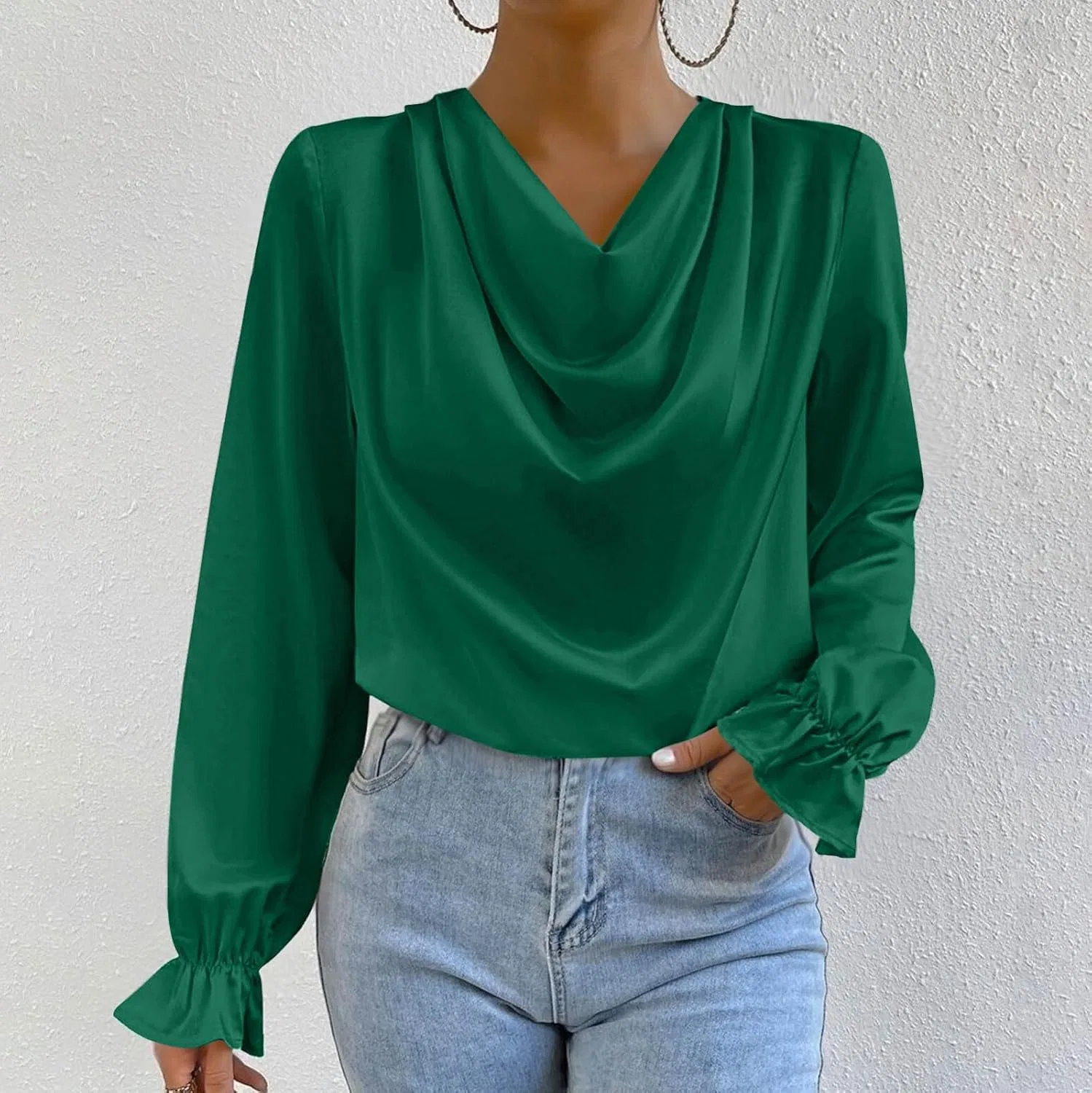 Generic Women's Tops Fashion Ruffles Long Sleeve Satin Shirts Ladies Loose Fit V Neck Soild Tees Tops with Smocked Cuffs, зеленый — фото 2