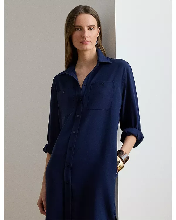Платье-Рубашка из двустороннего жоржета Ralph Lauren, Navy — фото 2