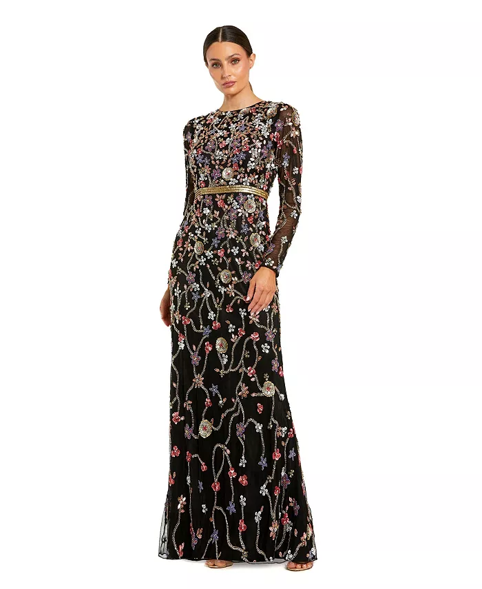 

Женское платье с длинными рукавами и отделкой из сетки Mac Duggal, черный