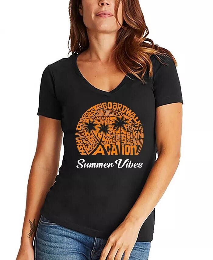 

Женская футболка Summer Vibes Word Art с V-образным вырезом LA Pop Art, черный