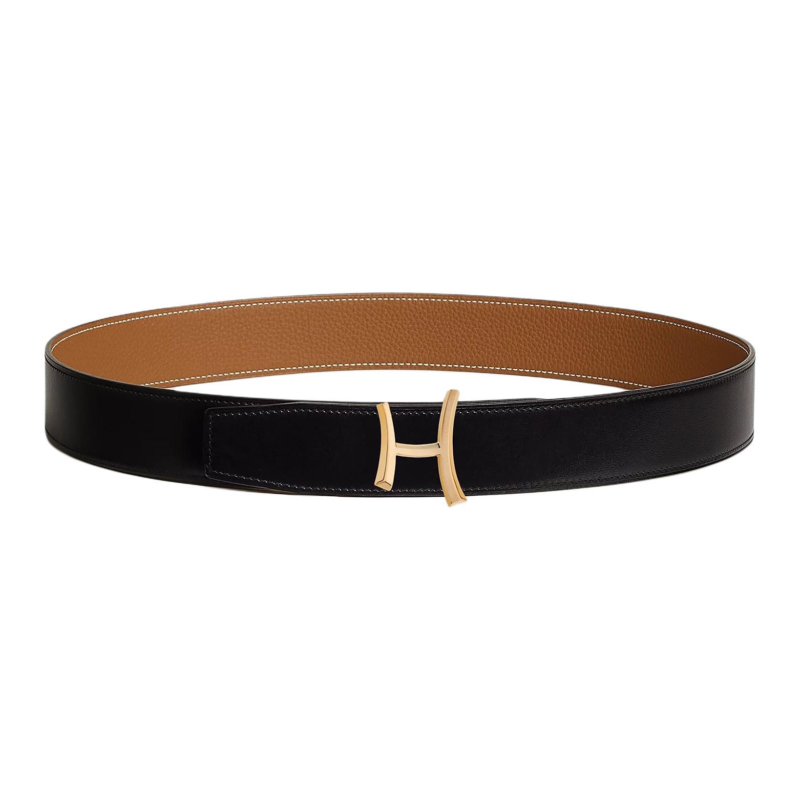 

HERMES Ремень из телячьей кожи Того мужской черный с золотом 3,8 см, Black/Gold