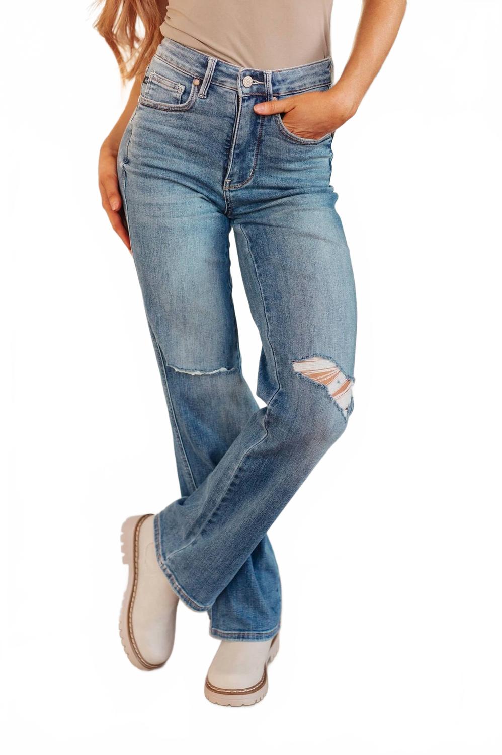 

Джинсы прямого кроя с эффектом потертости и утягиванием живота, синие Judy синий, синий
