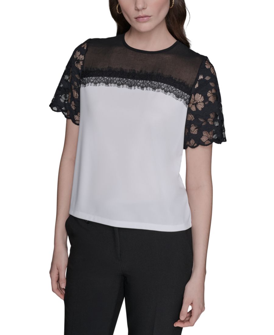 

Женский топ из комбинированной ткани с кружевной отделкой KARL LAGERFELD PARIS, Soft White/black