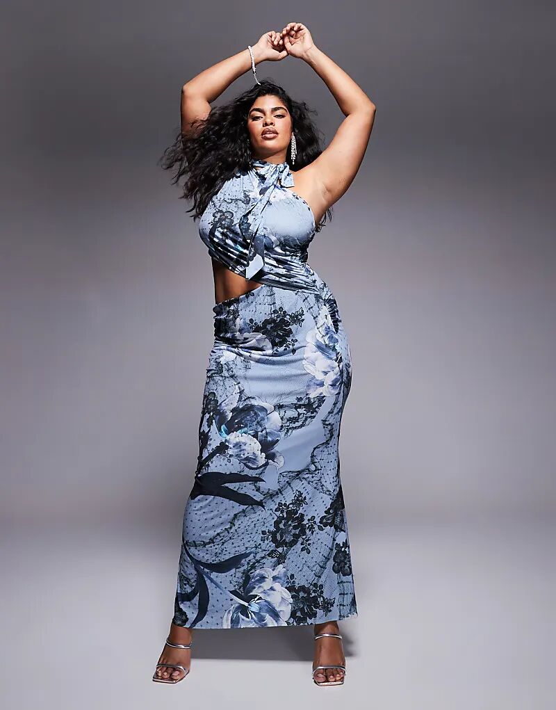 

Платье макси без рукавов с высоким воротом ASOS DESIGN Curve с синим цветочным принтом