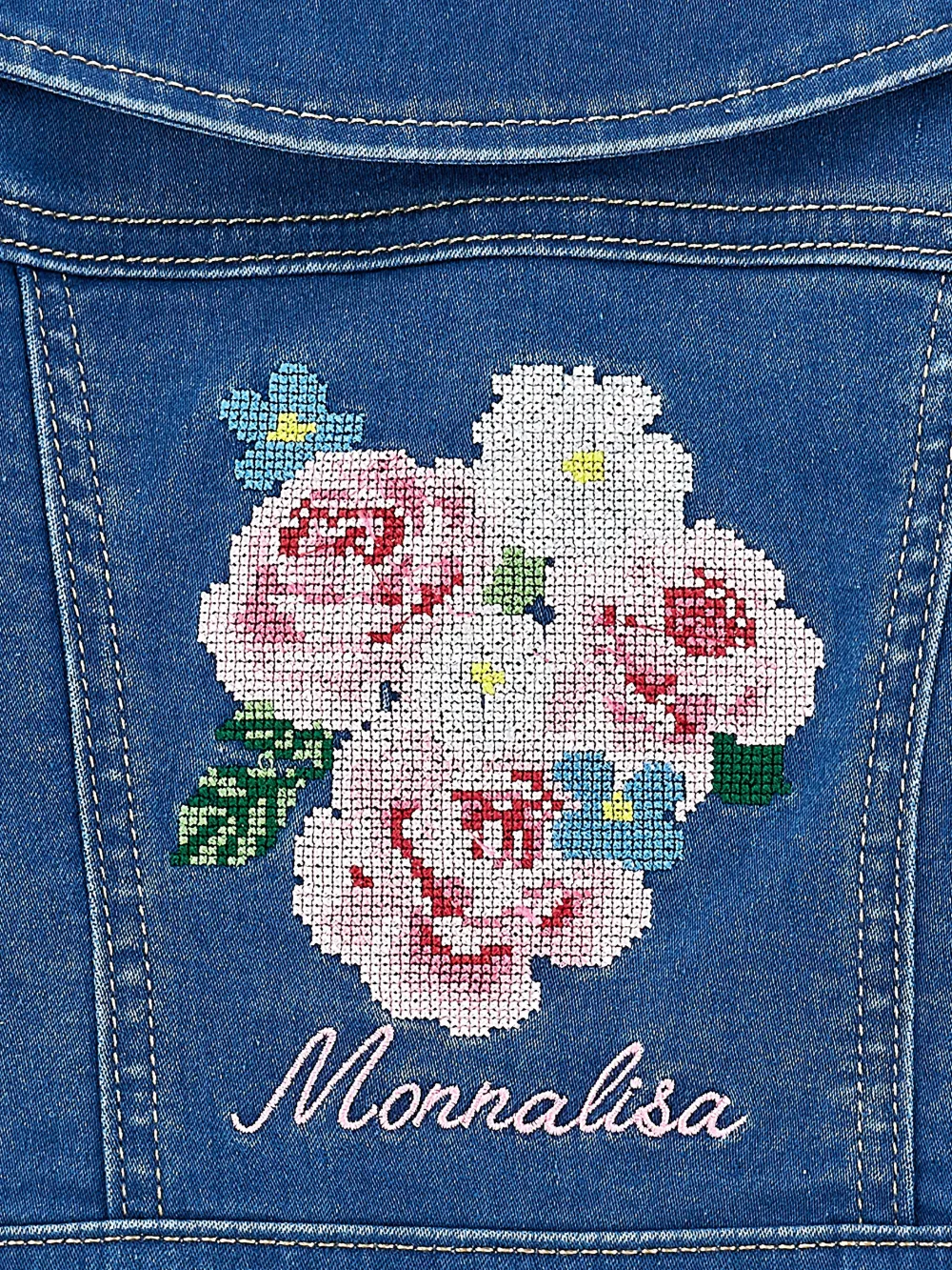Джинсовая куртка с цветочной вышивкой Monnalisa, синий — фото 4