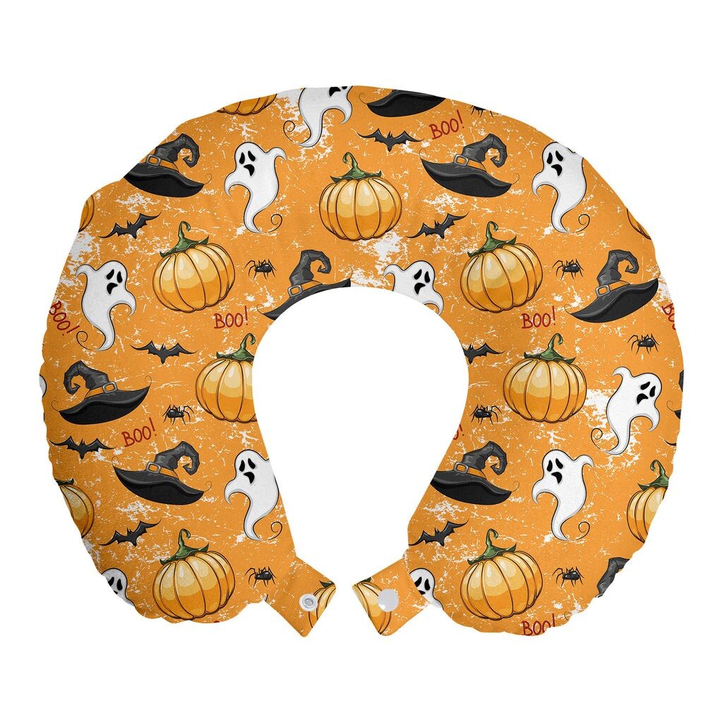 

ABAKUHAUS Ghost Travel Pillow Подушка для шеи, тыква-призрак и шляпа волшебника, пенопластовые дорожные принадлежности для самолета и автомобиля, 30x30 см, оранжевый и разноцветный