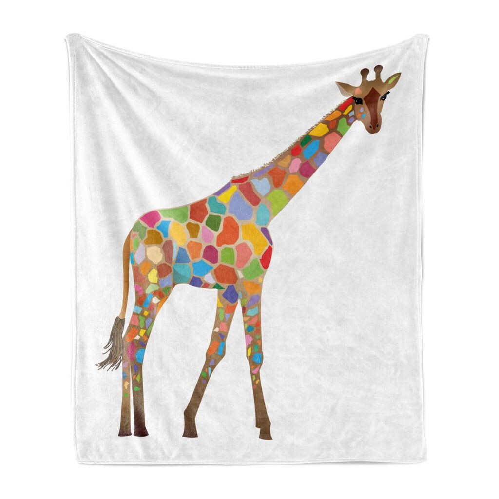 

ABAKUHAUS Giraffe Мягкое фланелевое флисовое одеяло, красочное абстрактное искусство, дизайн дикого животного с длинной шеей на нейтральном фоне, 175 x 230 см, разноцветный белый