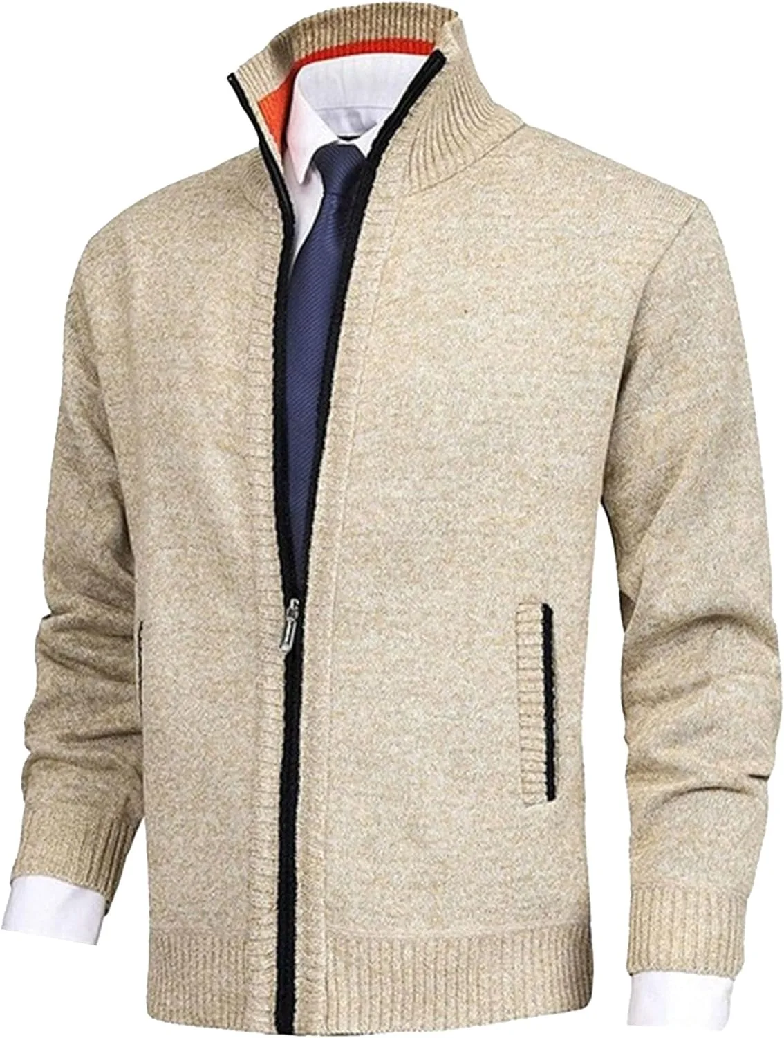 

Мужской кардиган с воротником стойкой и кабельной вязкой QOAAIE