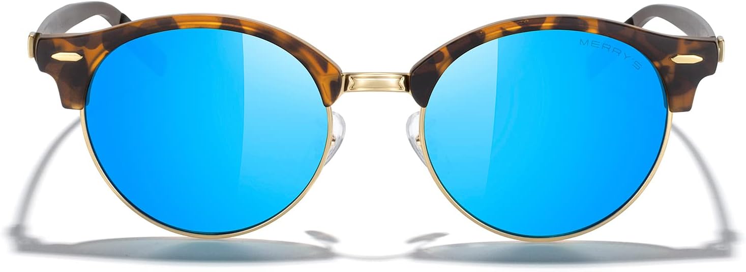 

Круглые поляризованные солнцезащитные очки MERRY для женщин и мужчин, классический ретро-стиль, полуободковая оправа, алюминиевые дужки MERRY'S, Matte Leopard Frame/Gold Bridge/Blue Mirror Lens