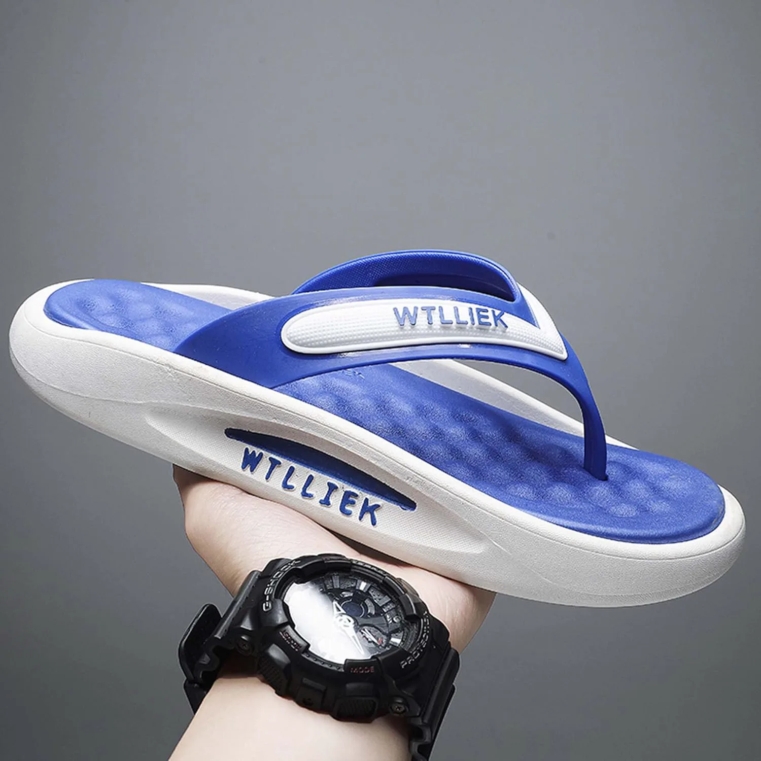 Мужские летние пляжные шлепанцы с поддержкой свода стопы, удобные спортивные сандалии для дома и улицы, легкие и дышащие UANGLI, синий — фото 3