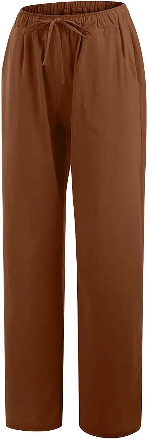 Женские широкие брюки палаццо из хлопка и льна, с карманами, A02_brown — фото 4