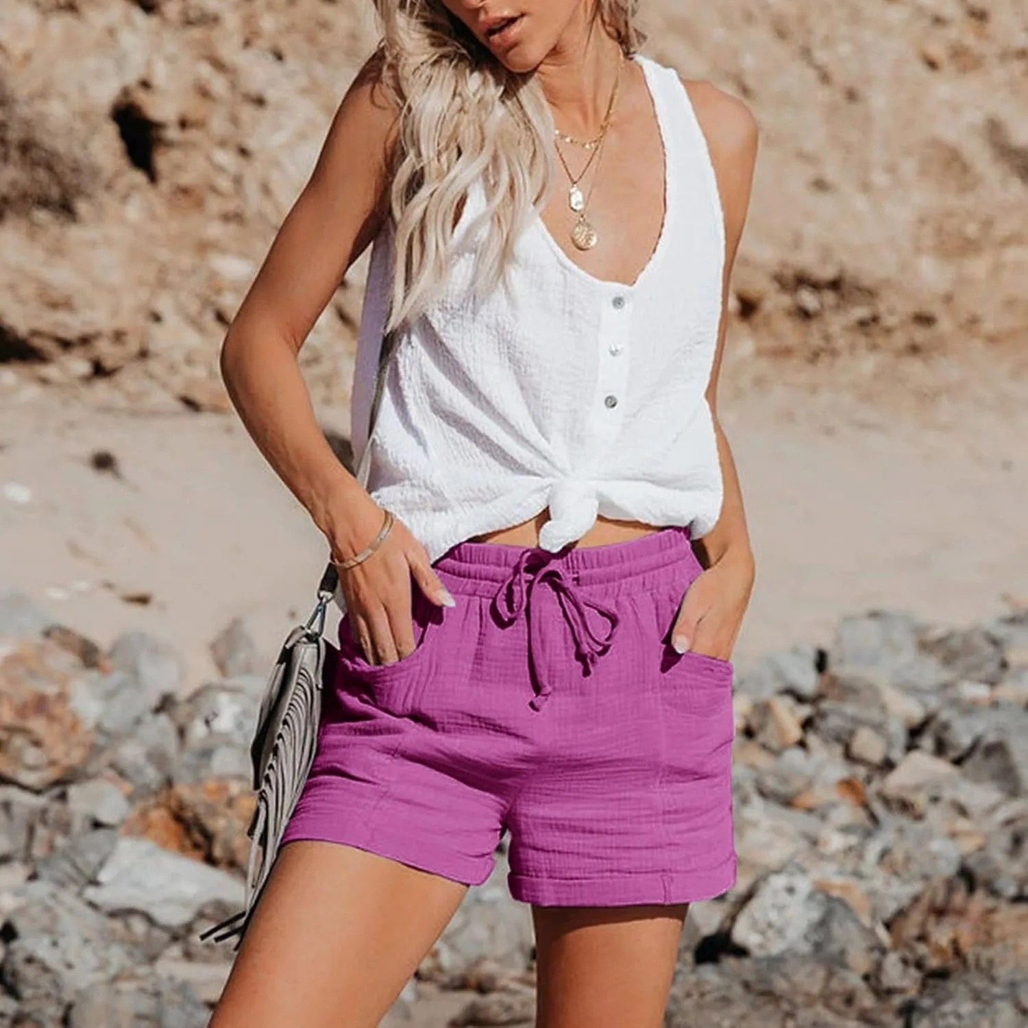 Льняные шорты для женщин 2026 лето Plus Size High Waisted Drawstring Straight Leg — фото 3