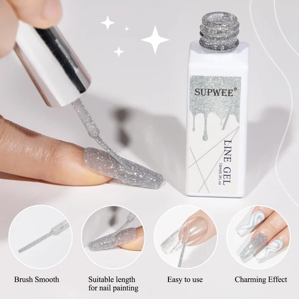 Светоотражающий гель-лайнер Supwee Silver для дизайна ногтей 10 мл Supwee, Silver Or Silver — фото 4