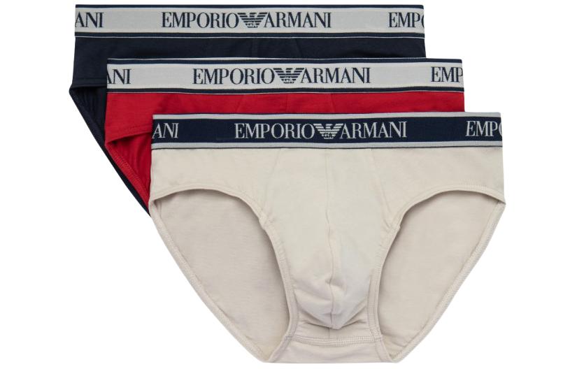 

Трусы хлопковые с лого-жаккардом Emporio Armani, набор из трёх (тёмно-синий+красный+серо-бежевый)