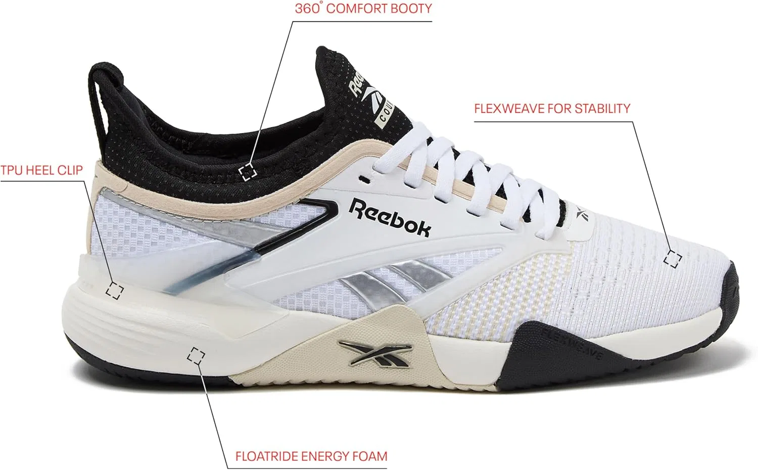Кроссовки для корта Reebok Nano Court, Footwear White/Black/Silver Metallic — фото 2