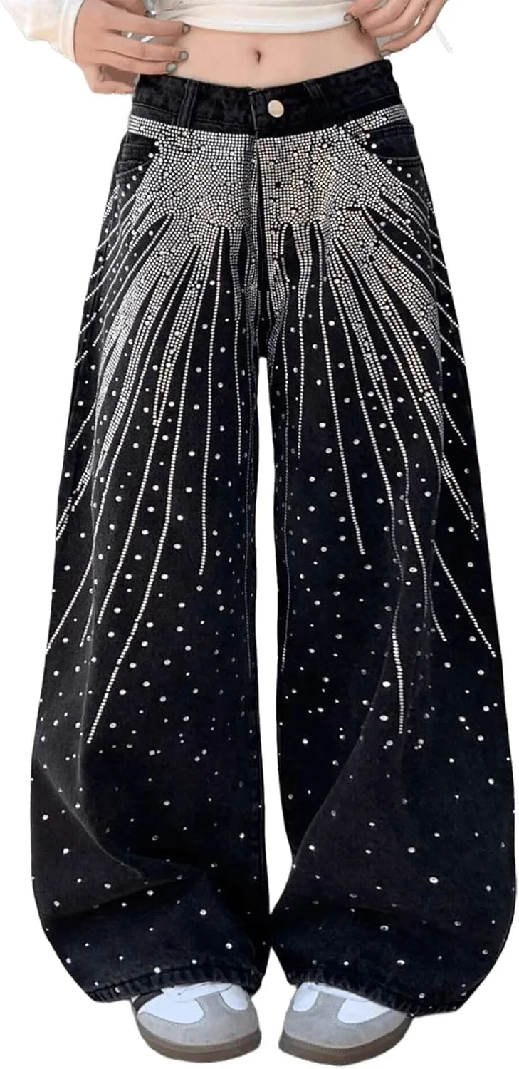 

Высокие широкие черные расклешенные джинсы для женщин с пайетками в стиле Y2K FEUSEUZ