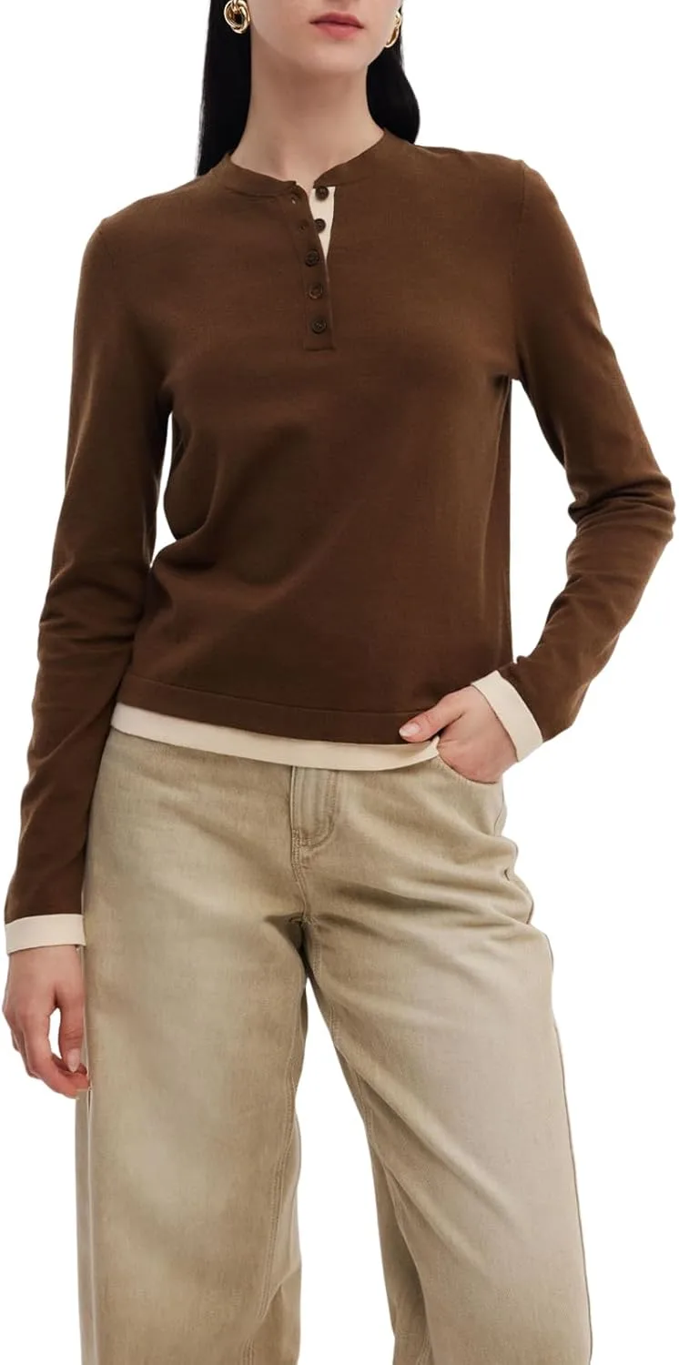 

GOELIA Женский вязаный топ с длинным рукавом, шерсть, коричневый, контрастная отделка