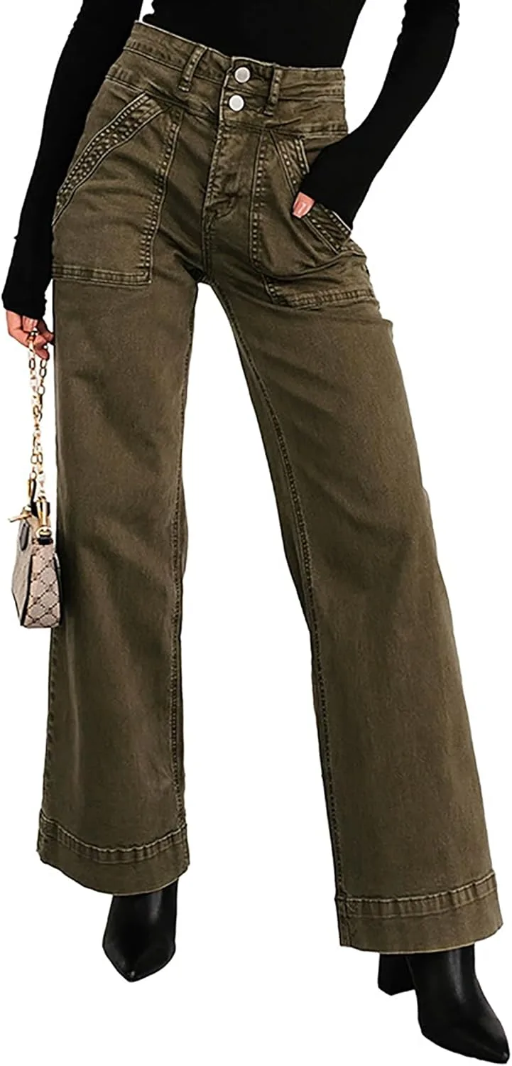 

Женские джинсы прямого кроя с высокой посадкой и двумя пуговицами QLAUYIOE