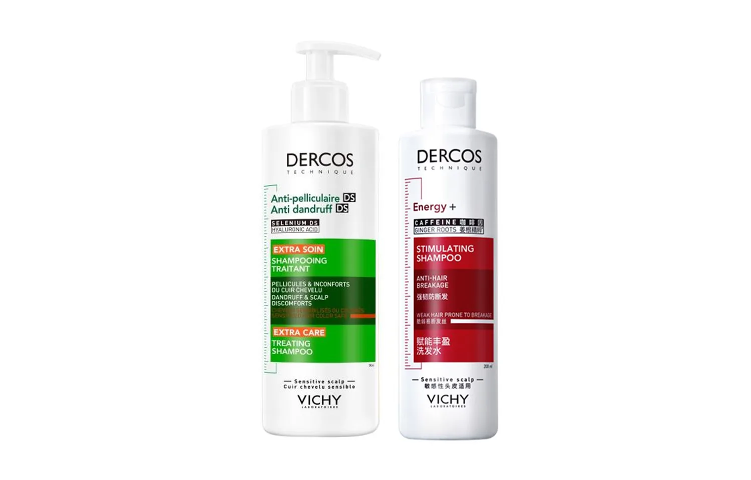 Vichy Шампунь для объема и очищения с мятой 50 мл + 200 мл + 200 мл, Two-Piece Set: Green Logo Dandruff Treatment Refreshing Shampoo 390ml+Pink Label Plumping Shampoo 200ml