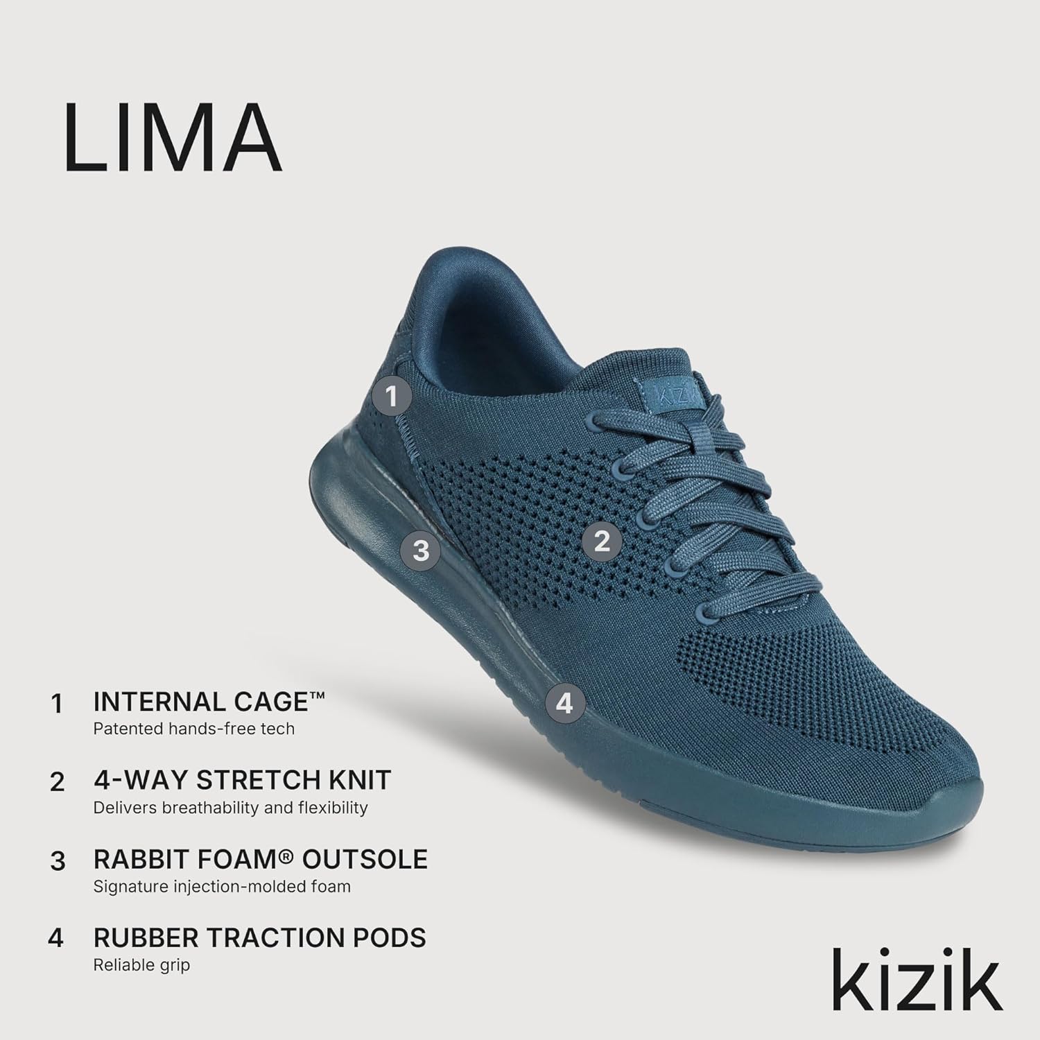 Кроссовки Kizik Slip On: Lima- удобные для повседневной носки, с Hands-Free, дышащий верх из трикотажа, мужские и женские прогулочные обувь с поддержкой свода стопы, Orion Blue — фото 3