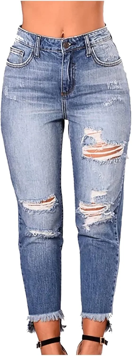Женские джинсы Mid Waist с потертостями, облегающие, укороченные