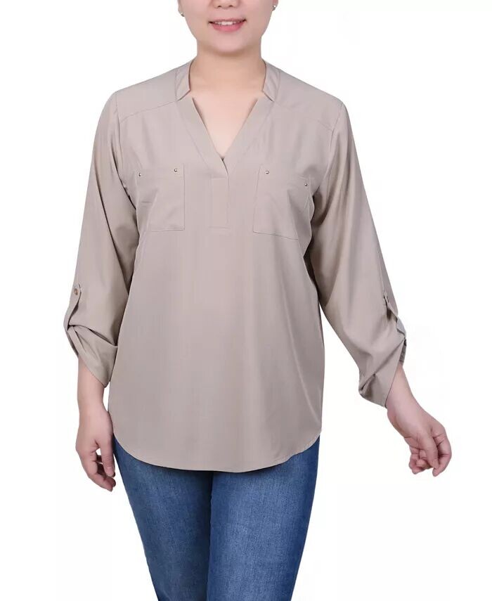 

Блузка Petite с закругленными рукавами и карманами NY Collection, бежевый