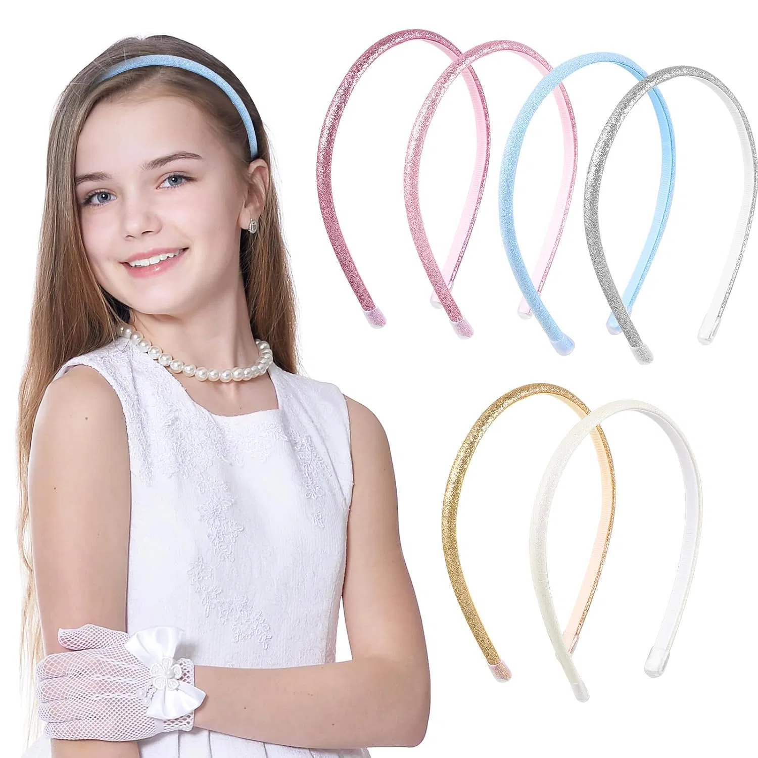 Набор из 6 блестящих ободков с пайетками для девочек и женщин Wy Lighting Level, White, Pink, Gold, Blue, Nude, Silver