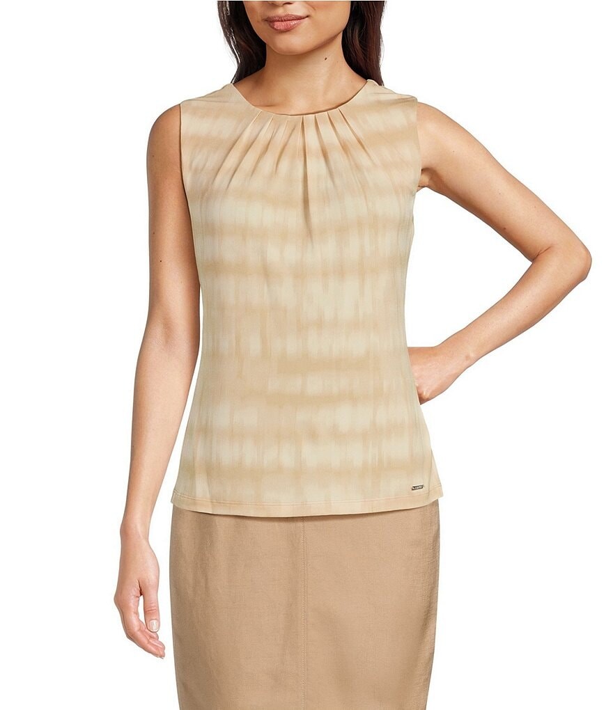 

Плиссированная майка без рукавов с круглым вырезом и принтом Calvin Klein, бежевый