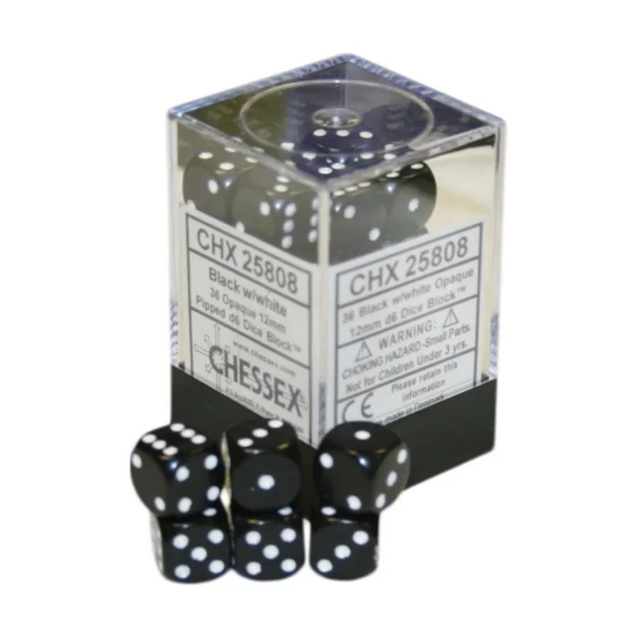 

d6 12 мм Черный с белым (36), Dice - Opaque - d6 12mm (Chessex)