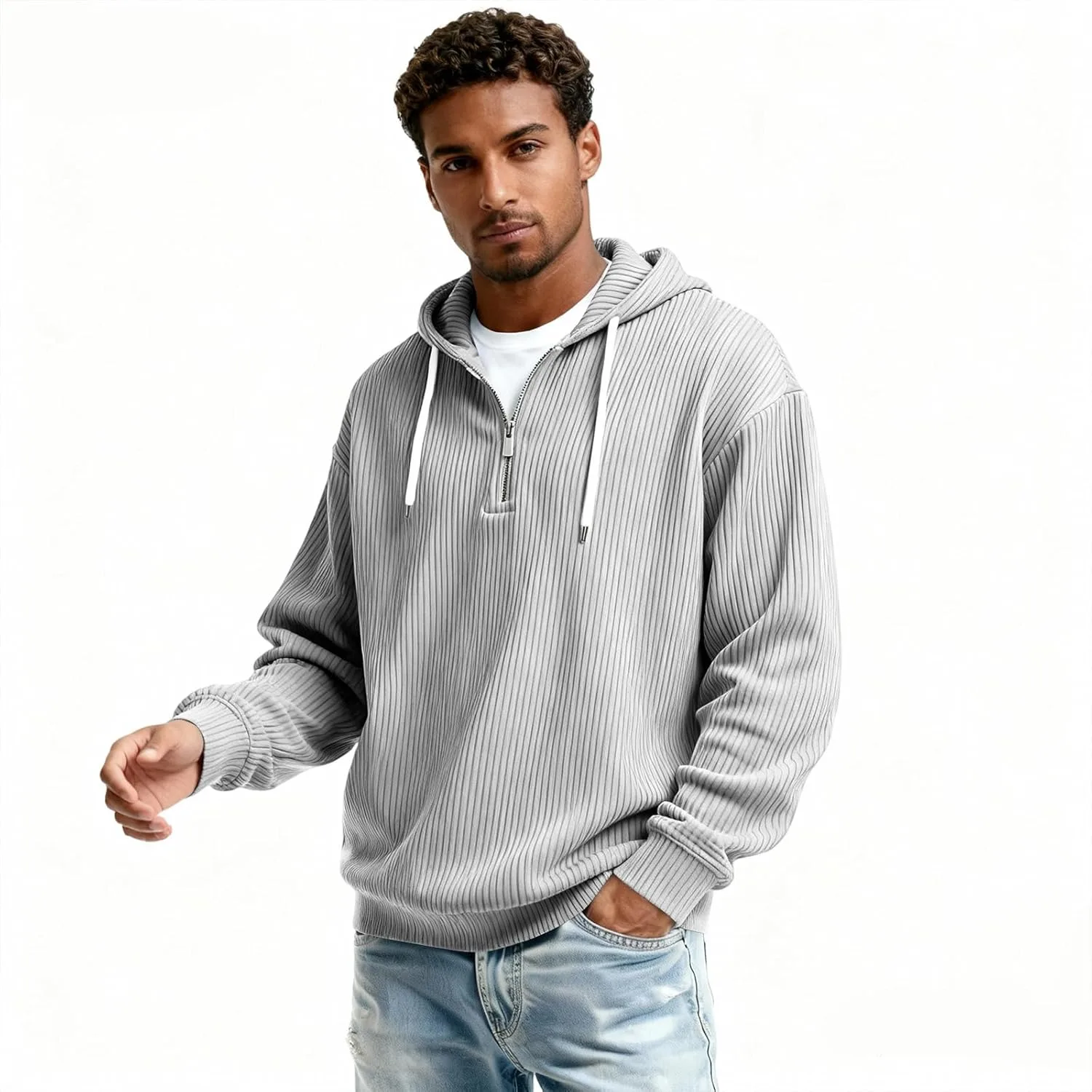 

Толстовка с молнией на четверть для мужчин, полосатая, легкая, свободного кроя Bakgeerle