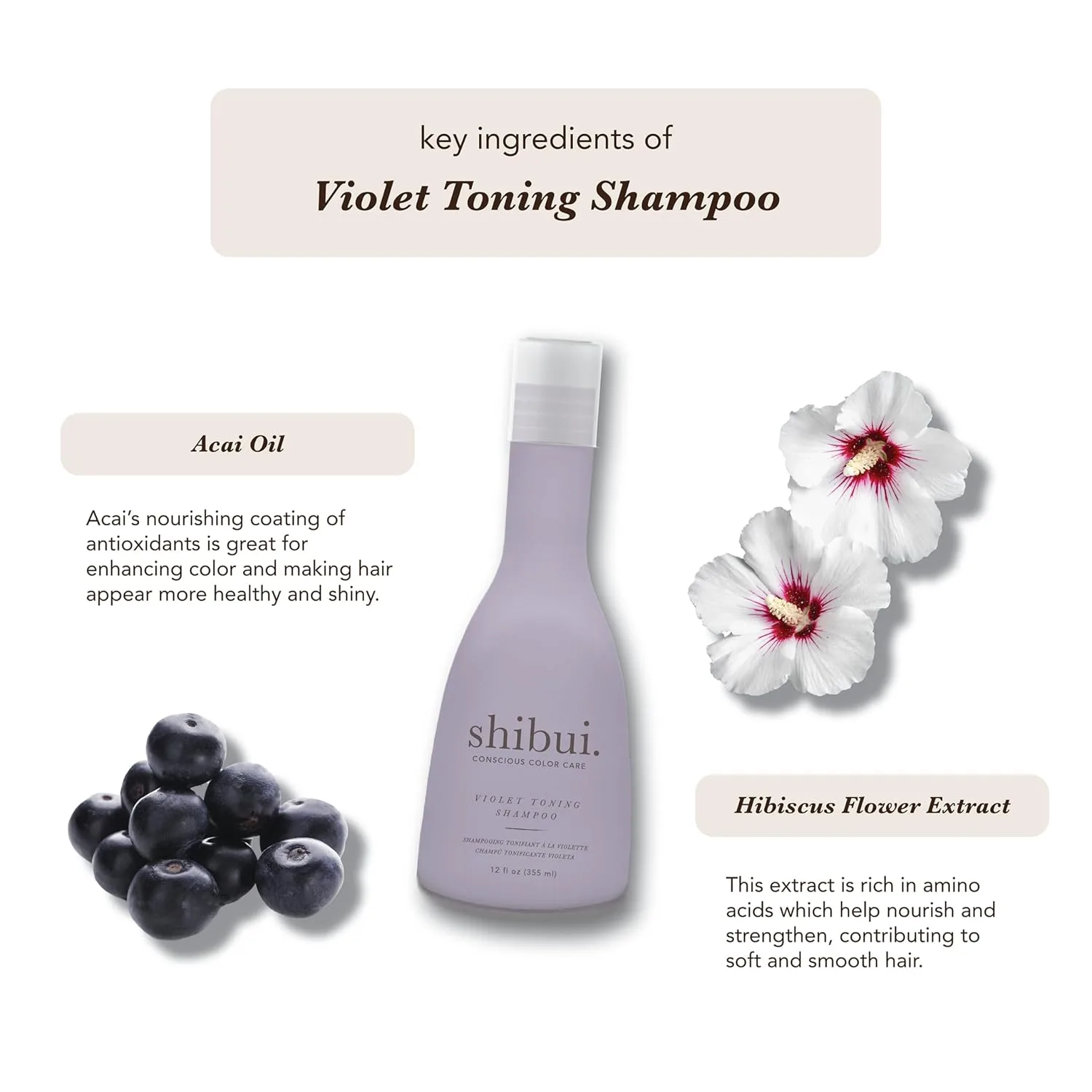 Тонирующий шампунь SHIBUI Violet нейтрализует нежелательную желтизну благодаря маслу асаи и гибискусу, подходит для светлых, мелированных и седых волос. 355 мл (.), Purple — фото 3
