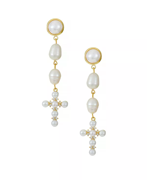 

Серьги-Подвески с крестиком из пресноводного жемчуга, покрытые 18-каратным золотом Ettika, gold