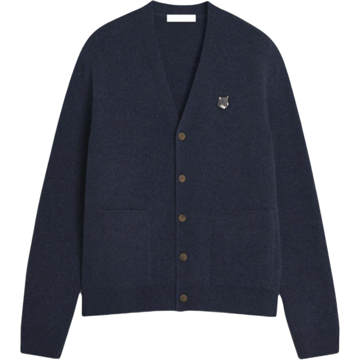 

Maison Kitsune Мужской трикотажный кардиган темно-синего цвета с V-образным вырезом и умеренным кроем