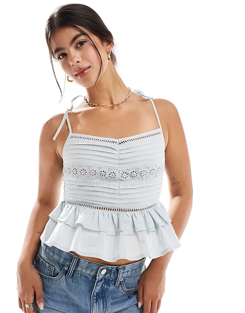 

Топ-топ из хлопка с вышивкой и защипами синего цвета Miss Selfridge
