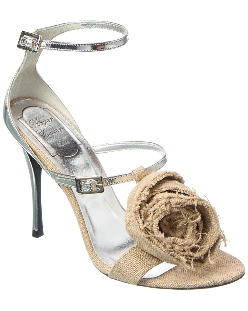 Roger Vivier Burlap & Leather Sandal, серебряный