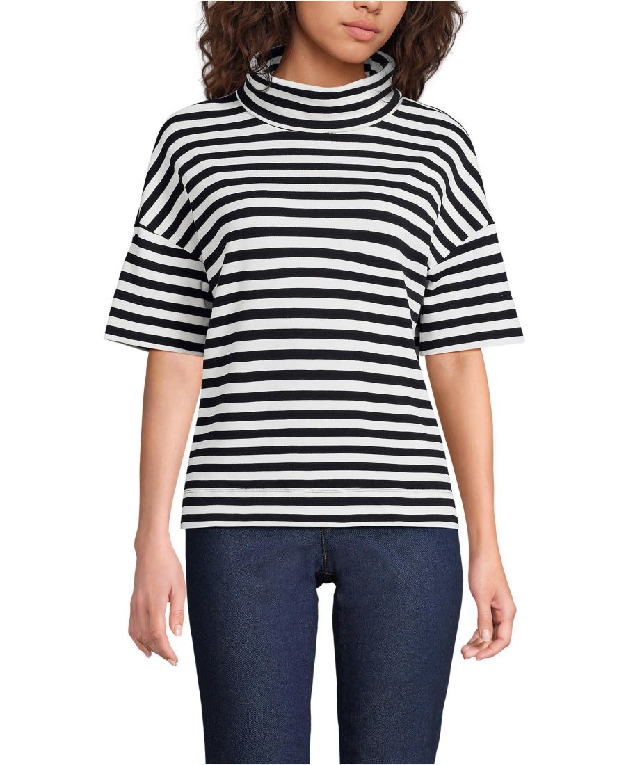 

Женская водолазка свободного кроя из хлопка супима с рукавами до локтя Lands' End, Black even stripe