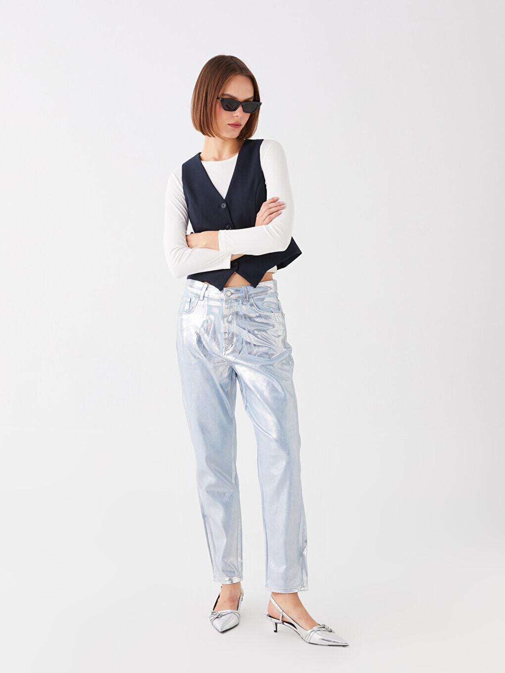 

Женские джинсовые брюки цвета металлик с высокой талией Mom Fit LCW Casual