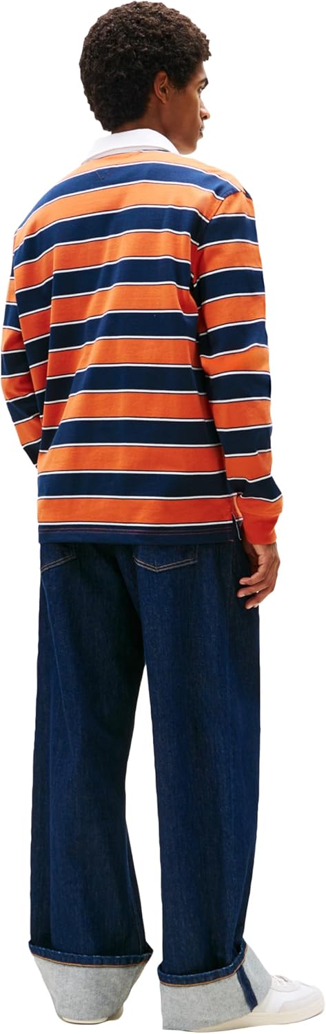 Мужская легкая полосатая рубашка-поло для регби Tommy Jeans с логотипом Tommy Hilfiger, Voyager Orange Stripe — фото 4